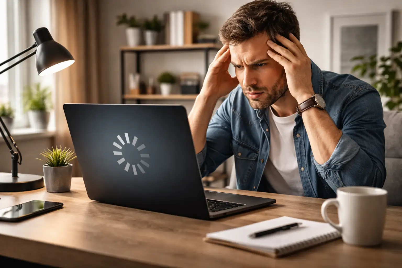 man frustrated with slow laptop computer while waiting for system to load