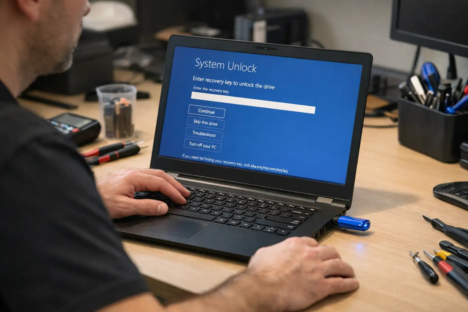 Technician removing BitLocker from locked Windows laptop using recovery USB tool